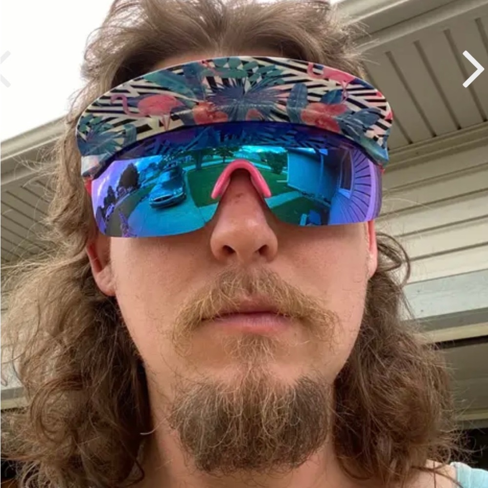 Bold Multicolor Sunglasses with Blue Lenses Neck Strap Flamingos & Palm trees